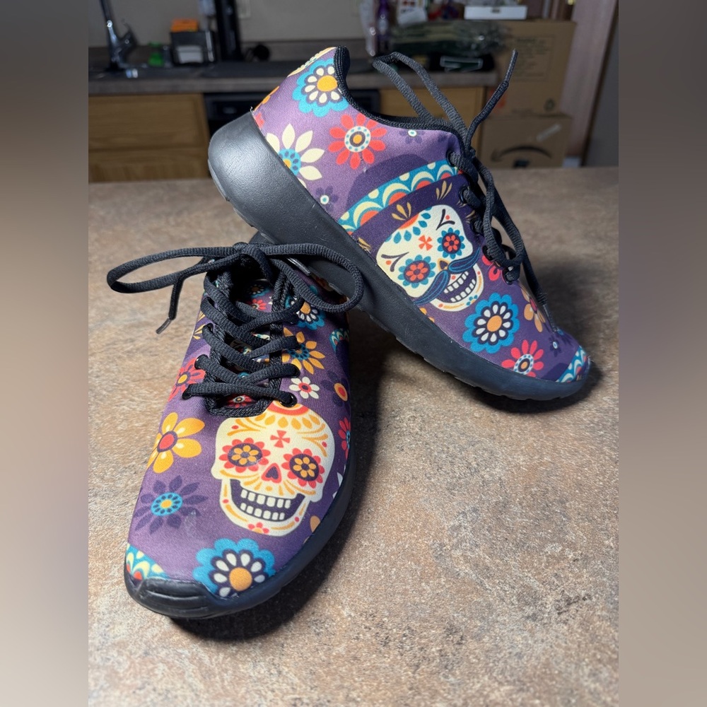 Day of the Dead Floral Skull Sneakers Sz 8 - Purple